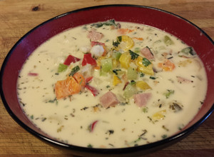 A picture of Spicy Ham and Hominy Chowder.