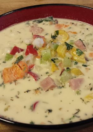 A picture of Spicy Ham and Hominy Chowder.