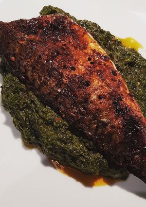 A picture of Fried Mackerel and Saag.