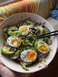 Smashed cucumber cold noodle salad with soft boiled eggs