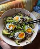 Smashed cucumber cold noodle salad with soft boiled eggs