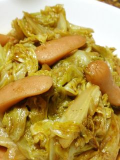 A picture of Stir Fried Wiener Sausages and Cabbage with Curry Sauce.