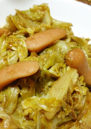 A picture of Stir Fried Wiener Sausages and Cabbage with Curry Sauce.