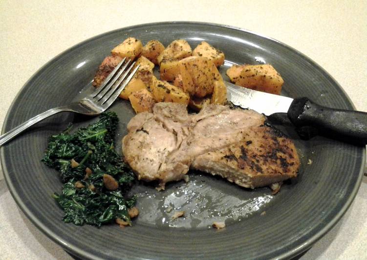 Roasted Pork Chops and Butternut Squash with Kale