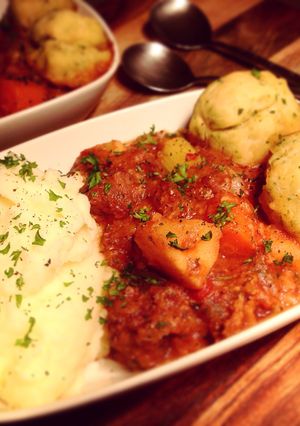 A picture of Beef & Vegetable Casserole with Parsley Dumplings.
