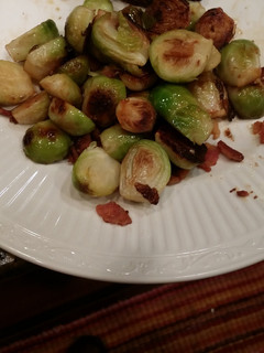 A picture of Pan Fried Brussel Sprouts with Blood Orange and Applewood Bacon.