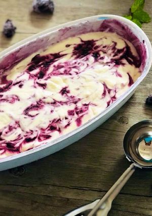 A picture of No churn mulberry swirl ice cream.