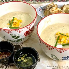A picture of Cream of chicken and corn soup.