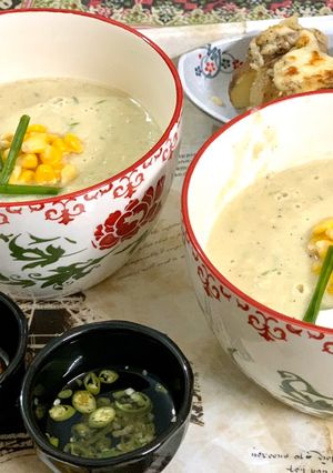 A picture of Cream of chicken and corn soup.