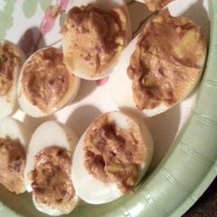 A picture of Deviled Eggs w/ Bacon.