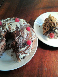 A picture of Chocolate Angel Food Cake with White and Dark Chocolate Glaze.
