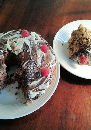 A picture of Chocolate Angel Food Cake with White and Dark Chocolate Glaze.