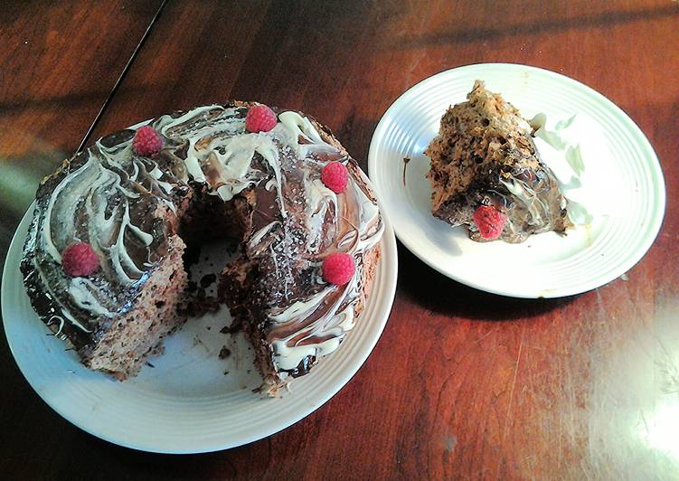 Simple Way to Prepare Perfect Chocolate Angel Food Cake with White and Dark Chocolate Glaze