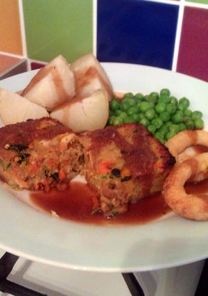 A picture of Vickys Roasted Parsnip Nut Loaf, GF DF EF SF NF Vegan Christmas.
