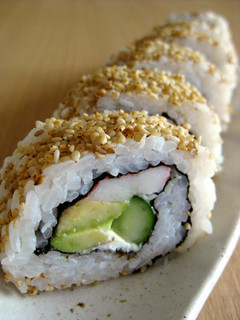 A picture of California Rolls with Cream Cheese.