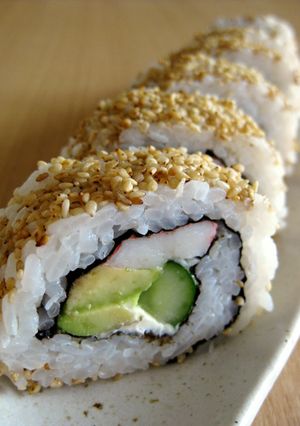 A picture of California Rolls with Cream Cheese.