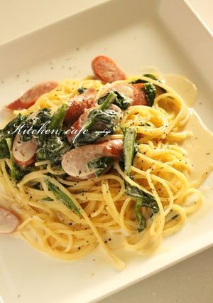 A picture of Creamy Pasta with Wiener Sausages and Spinach.