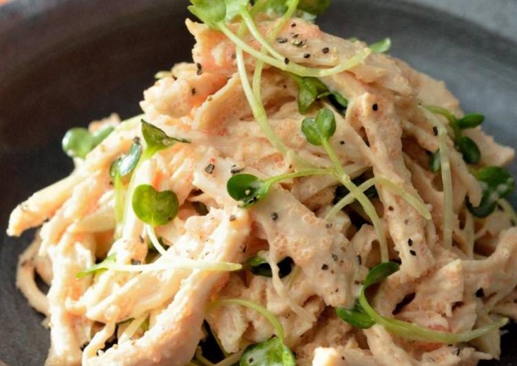 Simple Way to Make Super Quick Homemade Steamed Chicken &amp; Radish Sprout Salad With Mentaiko Mayo Wasabi