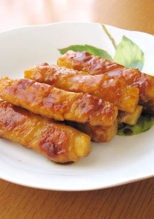 A picture of Nagaimo Yam Filled Sweet and Salty Teriyaki Pork Rolls.