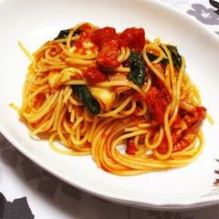 A picture of Mozzarella, Basil and Canned Tomato Pasta.