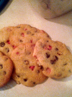 A picture of Dark chocolate and cherry chip cookies.