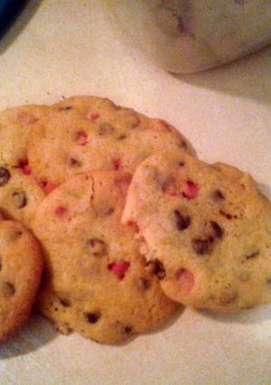 A picture of Dark chocolate and cherry chip cookies.