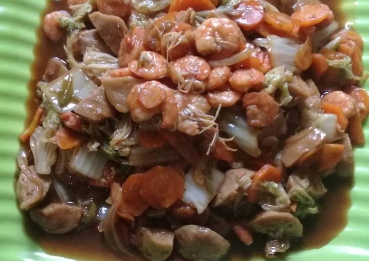 Anti Ribet, Membuat Tumis saus tiram udang baso sawi putih Enak Dan Mudah