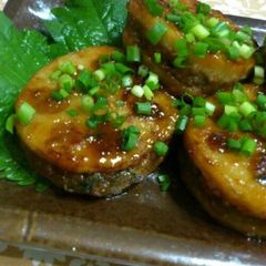 Lotus Root and Minced Meat Teriyaki with Aromatic Shiso A picture of Lotus Root and Minced Meat Teriyaki with Aromatic Shiso.