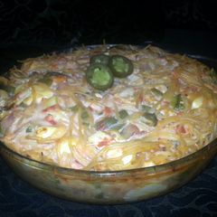 A picture of Velveeta rotel chicken spaghetti.