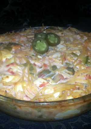 A picture of Velveeta rotel chicken spaghetti.