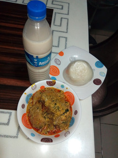 A picture of Pounded yam and egusi soup.