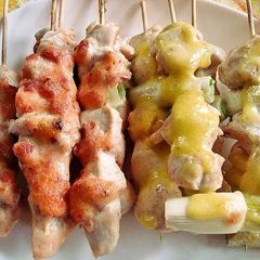 A picture of Yakitori With Umeboshi-Mayonnaise and Wasabi-Mayonaise Sauces.
