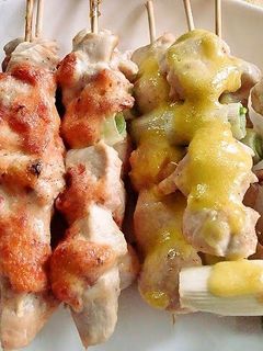 A picture of Yakitori With Umeboshi-Mayonnaise and Wasabi-Mayonaise Sauces.