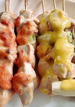 A picture of Yakitori With Umeboshi-Mayonnaise and Wasabi-Mayonaise Sauces.