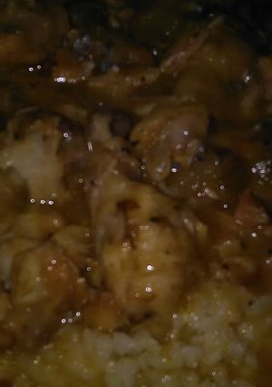 A picture of Chicken with rice & gravy.