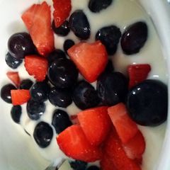 Blueberries and strawberries in yoghurt A picture of Blueberries and strawberries in yoghurt.