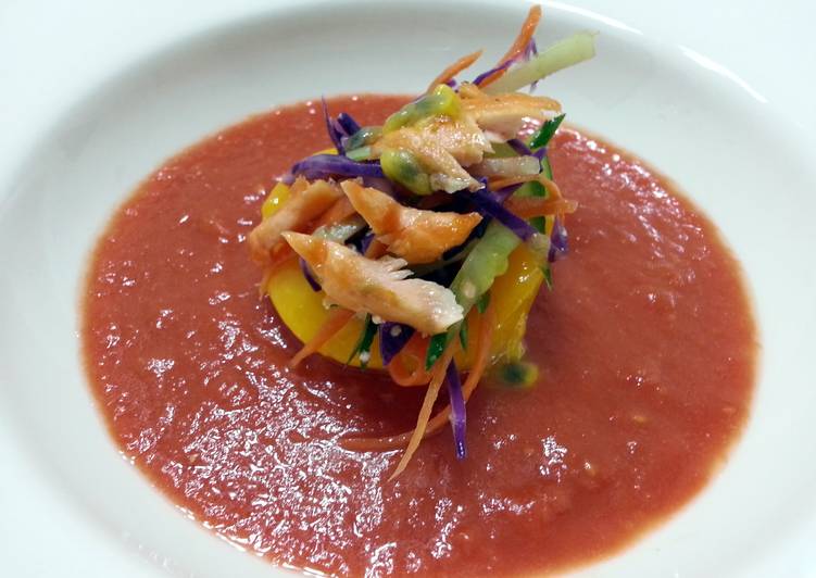 Gazpacho With Peach And Salmon Salad