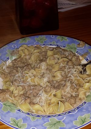 A picture of Hamburger gravy over egg noodles.