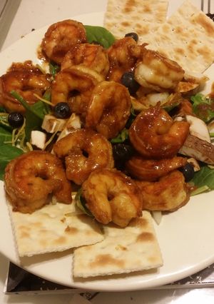 A picture of Teriyaki Shrimp Spinach Kale and Blueberry Salad.