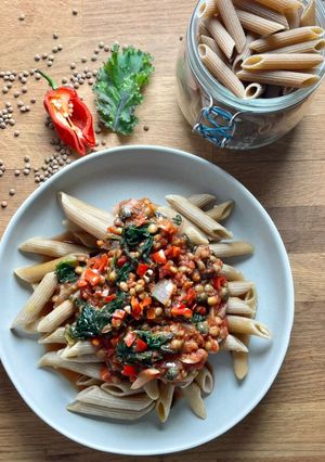 A picture of Greens and Lentils Pasta 🌱.