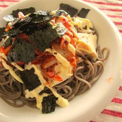 A picture of Soba Noodles Topped with Kimchi, Mayonnaise, & Tofu!.