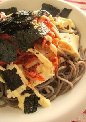 A picture of Soba Noodles Topped with Kimchi, Mayonnaise, & Tofu!.