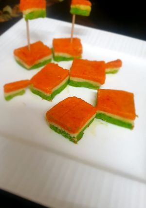 A picture of Tri colour burfi Milk powder and coconut burfi.