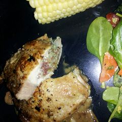 A picture of Bacon Chive Blue Cheese stuffed Pork Chops.