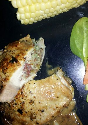 A picture of Bacon Chive Blue Cheese stuffed Pork Chops.