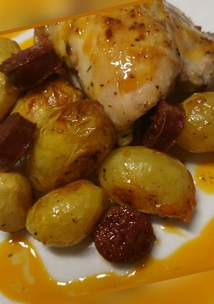 A picture of Lemon and chorizo tray bake.