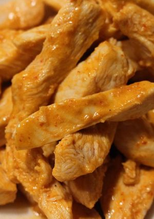 A picture of Buffalo Chicken Strips with Blue Cheese Dip.