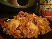 A picture of crockpot chicken and black beans
