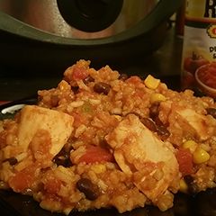 A picture of Fiesta Chicken with Beans and Rice.