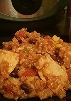 A picture of Fiesta Chicken with Beans and Rice.
